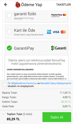 Garanti pay ile 150/20 TL  bonus