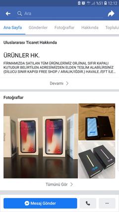 Elektronik ürünler satan dolandırıcı facebook sayfası