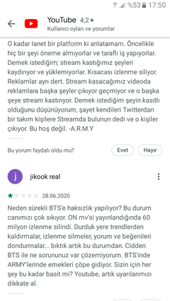 btscilerin youtube 1 yıldiz verip vatan savunur gibi uzun uzun şikayet yazmaları