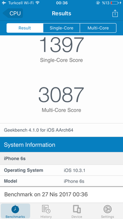 iPhone 6s Geekbench iOS 9.3.2 vs 10.3.1