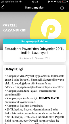 Paycell 2 Adet Fatura Ödeme 20 TL Hediye