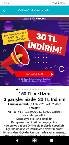 A101 150 üzeri alışverişlerde seçili ürünlerde  30 TL indirim