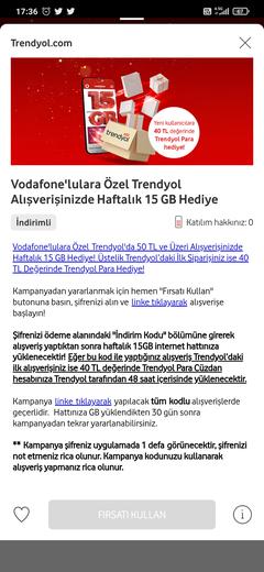 Vodafone Trendyol 40Tl cüzdan yükleme +15gb internet tekrar 