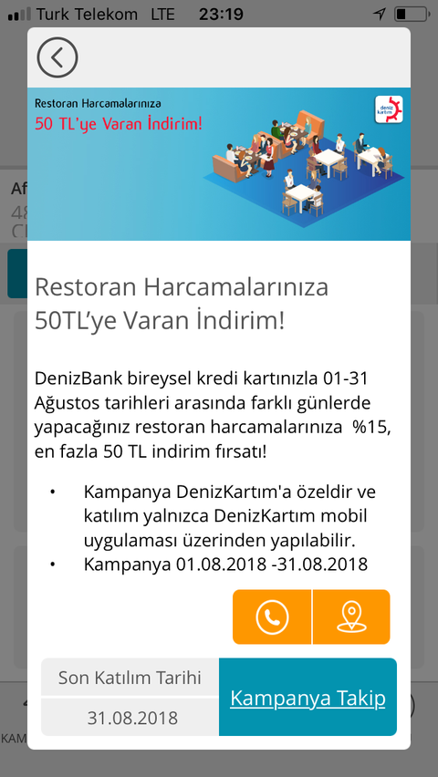 Denizbank bireysel kredi kartı ile restoran harcamalarına 50 TL’ye varan indirim (%15)