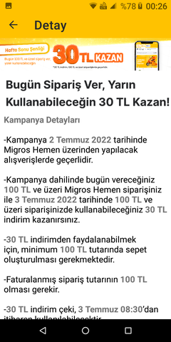 (Migros Hemen) Bugün 100 TL ve Sipariş Ver Yarın İçin Kullanilabilir 30 TL Çek hesabında Olsun!