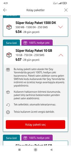 Vodafon faturasiza özel en az 50 TL üstü kolay paket yuklemeye 100 TL hediye ceki