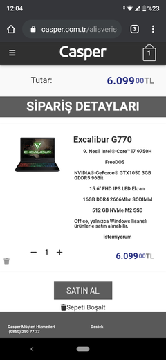 5299 TL Casper Excalibur G770 i7 9750H GTX 1050(3GB) 8GB DDR4 240GB SSD 15.6 F.HD IPS