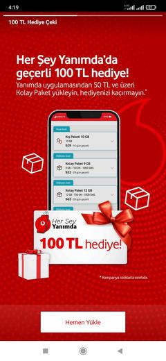 Vodafon faturasiza özel en az 50 TL üstü kolay paket yuklemeye 100 TL hediye ceki