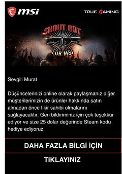 (SONA ERDİ) MSI Ürün Yorumuna Steam Cüzdan Kodu Hediyesi (20 Dolar)