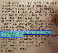 --- BİTTİ --- Migros Mağaza kasalarında sanalmarket'de geçerli alt limitsiz yüzdeli indirim kod 2 Tl