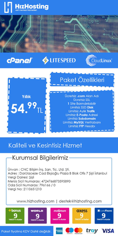 Ücretsiz SSL ve .com Alan Adı Hediyeli, SSD Diskli, Yüksek Performanslı Web Hosting Yıllık 54.99 TL