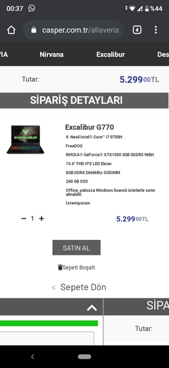 5299 TL Casper Excalibur G770 i7 9750H GTX 1050(3GB) 8GB DDR4 240GB SSD 15.6 F.HD IPS