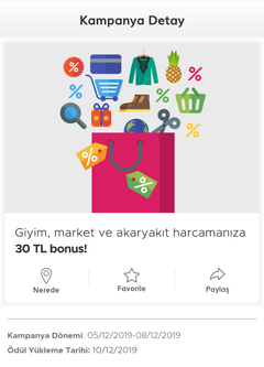 ARALIK ayı Giyim, Market, Akaryakıt Harcamasına 30 tl Garanti Paracard BONUS