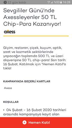 Axess sevgililer gunu 500 tl giyim,restoran,cicek,optik,saat kozmetik alisverisinze 50 tl chippara