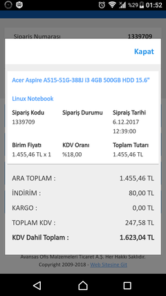 1663 TL Acer Aspire A515-51G-388J i3-6006U 2.00GHz 4GB 500GB 2GB 940MX 15.6"(1366x768)