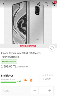 Redmi Note 9S==> 2599 TL