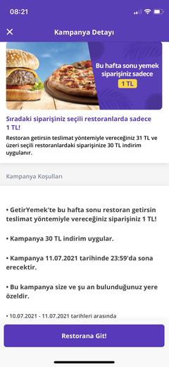 GetirYemek. Hafta içi siparişinize Hafta sonu siparişiniz 1 TL