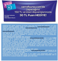  Carrefoursa.com'dan BKM Express ile 150 TL Alışveriş Yapan Herkese 30 TL İndirim