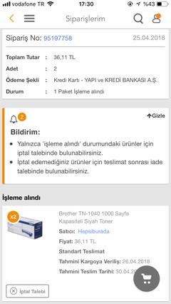 Yanıyor , Brother TN-1040 1000 Sayfa Kapasiteli Siyah Toner 18 TL