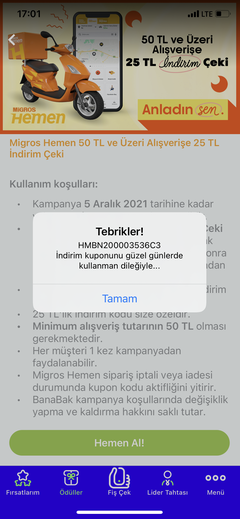 BANABAK Uygulaması Migros Hemen 50/25 İndirim Kodu