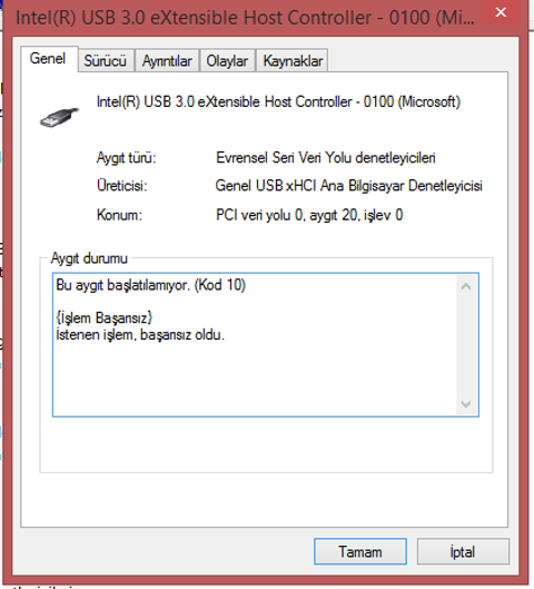Intel(R) USB 3.0 eXtensible Host Controller Code:10 hatası