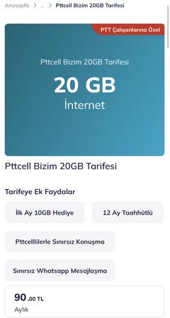 Pttcell 20 GB 90₺ (PTT çalışanı bularak geçiş yapabilirsiniz)