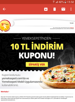  YemekSepeti 10 TL Indirim Çeki Gondermiş