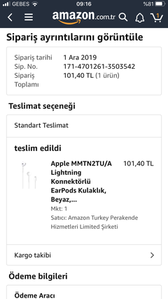 Bitti— Apple MMTN2TU/A Lightning Konnektörlü EarPods Kulaklık, Beyaz, Apple Turkiye Garantili 101 TL