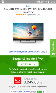 Sony KD-49XE8005 Carrefour 3.239,00 TL