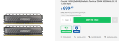 Crucial 16GB (2x8GB) 3000MHz CL15 Ram - 699Lira