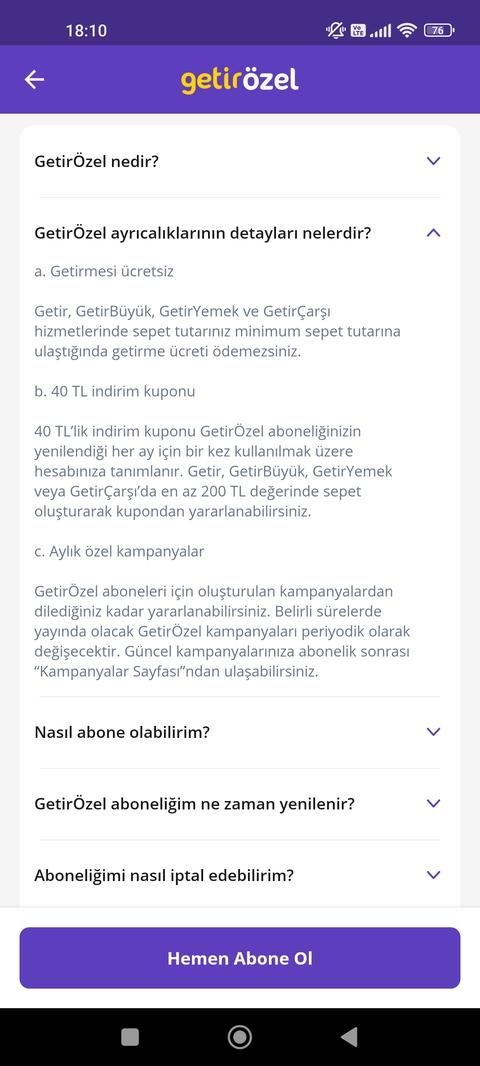 Getir Özel (Aylık 79 lira, ilk ay ücretsiz)