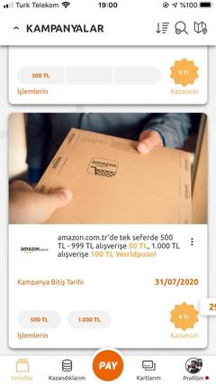 Amazon World Kart ile 6-31.07 arası 100TL'ye varan World Puan Hediye