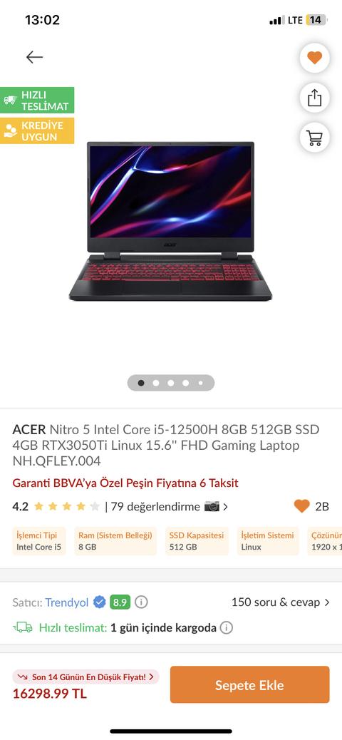 Lenovo Laptop R5-6600H / RTX3050Ti / 16GB RAM / 512 SSD / 120Hz 17.000 TL
