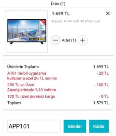 A101 Hİ LEVEL 49 İNÇ FULL HD SMART TV 1699 TL (30 ocak 2020) 