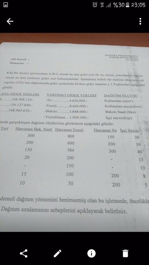 MALİYET MUHASEBESİ 1 SINAV SORULARI