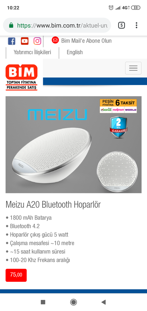 Meizu A20 Bluetooth Hoparlör 75 ₺ (8 Martta BİM'de)