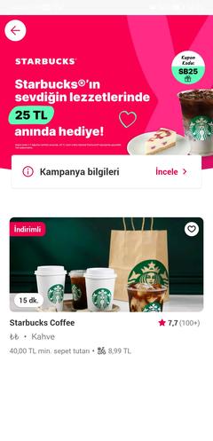 Yemeksepeti Starbucks 25/40 İndirim