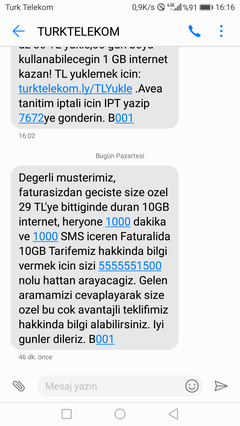 FATURASIZDAN FATURALIYA-TT-10 GB-1000 DK-1000 SMS=29 TL