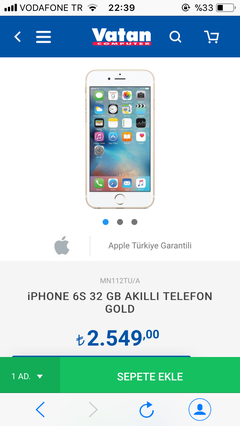 iPHONE 6S 32 GB AKILLI TELEFON  2550 tl VATAN BİLGİSAYAR 