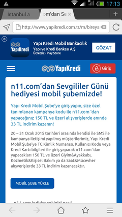  YKB mobil internet şubesine girenlere N11 de 33TL indirim...