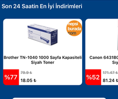 Yanıyor , Brother TN-1040 1000 Sayfa Kapasiteli Siyah Toner 18 TL