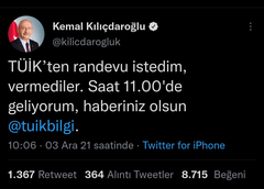 TUİK  açıklamasından sonra Kılıçdaroğlu: "randevu istedim vermedler, geliyorum" dedi içeri alınmadı 