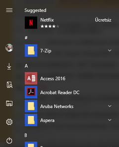 Windows 10 Başlat menüsü görünümü