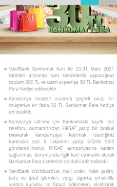 Vakıfbankomat tüm sektör 500tl harcamaya 30 tl iade(Mart ayı)