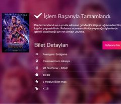 AVENGERS END GAME IMAX BİLETİ AKASYA AVM 28 NİSAN PAZAR SAAT 16.10 SEANSI