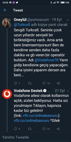 Turkcell in attığı twitte ın yorumuna Vodafone un tweet'i :)
