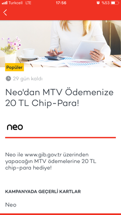 Neo ile MTV Ödemelerine 20 TL Chippara