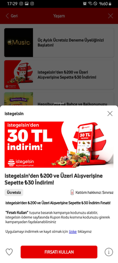 Vodfaone / İstegelsin den 200 TL üzeri siparişe 30 TL indirim