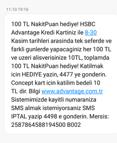 HSBC Advantage Kasımda Her 100 TL'ye 10 TL Puan