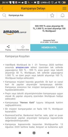 Amazon World Kart ile 6-31.07 arası 100TL'ye varan World Puan Hediye